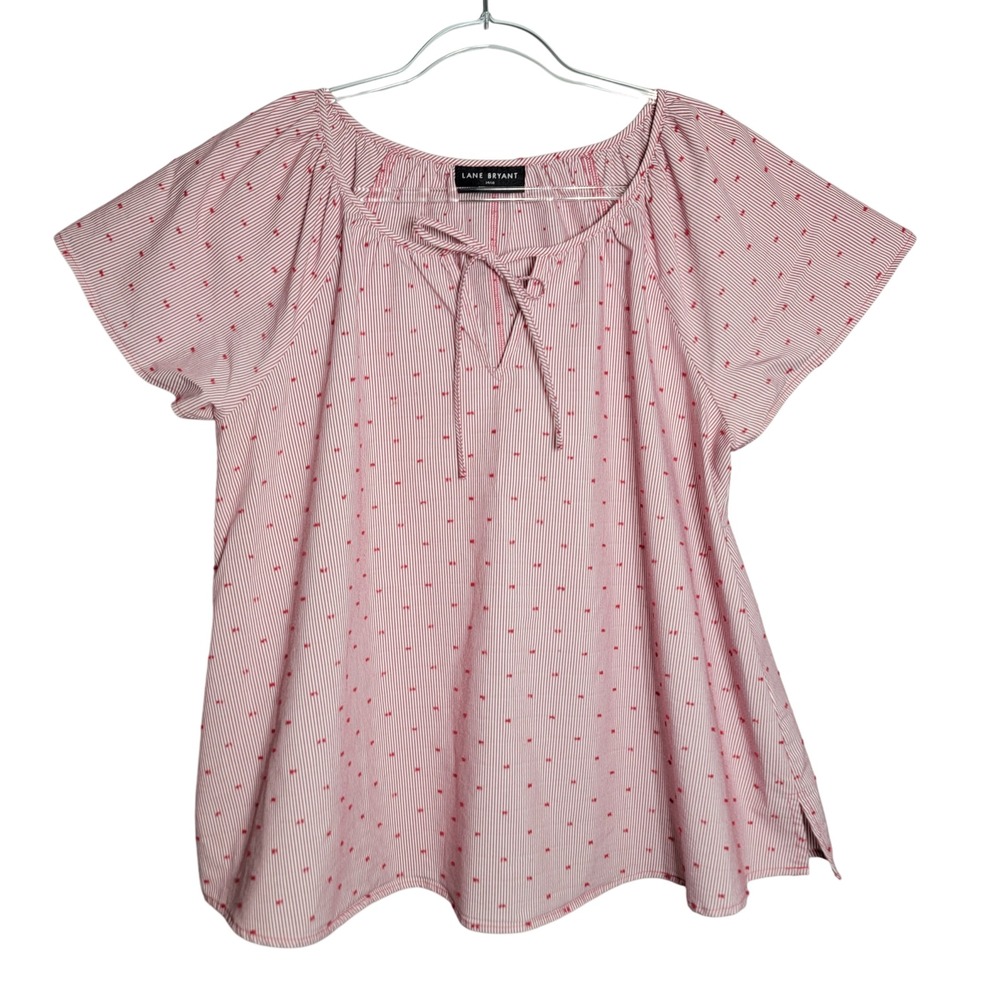 Lane Bryant Womens Red Stripe Top Plus Size 14 16 Tie Neck Blouse